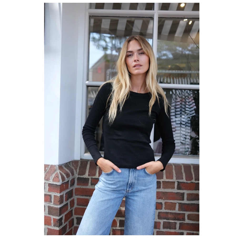 MAREA by Liz Joy Black Pointelle Long Sleeve Crewneck Tee Size Small